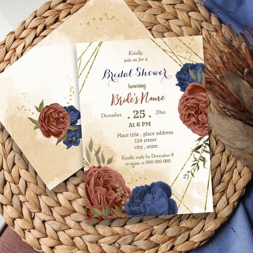 terracotta navy blue floral greenery bridal shower invitation
