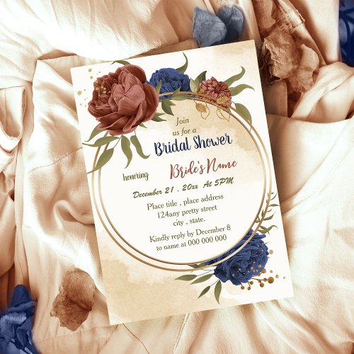 terracotta navy blue floral greenery bridal shower invitation