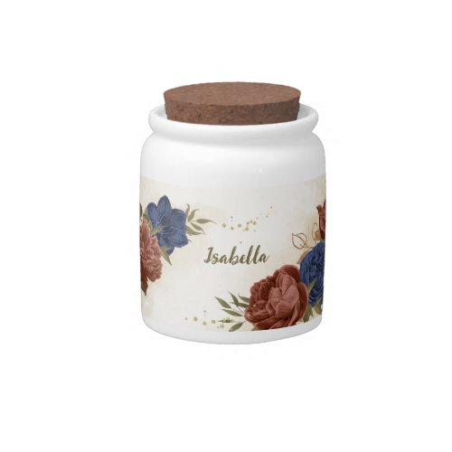 terracotta navy blue floral greenery candy jar