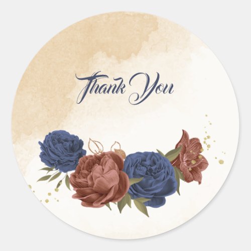 terracotta navy blue floral greenery classic round sticker