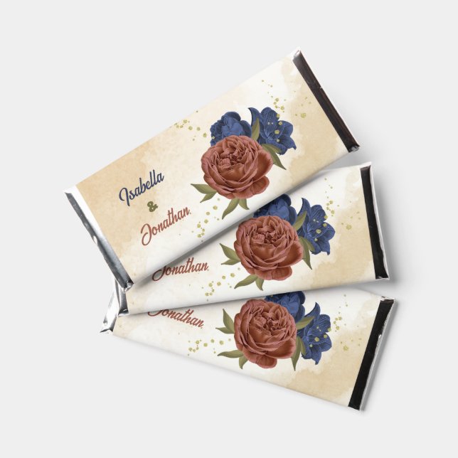 terracotta navy blue floral greenery hershey bar favors (Front)