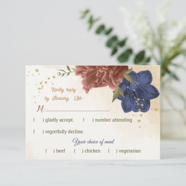 terracotta navy blue floral greenery meal choice RSVP card (Standing Front)