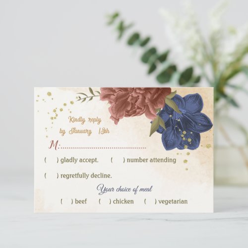 terracotta navy blue floral greenery meal choice RSVP card