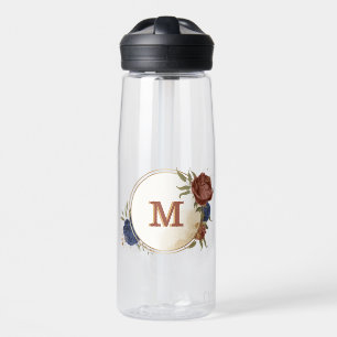 terracotta navy blue floral greenery monogram water bottle