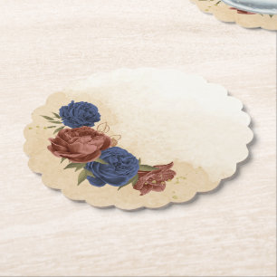 terracotta navy blue floral greenery paper coaster