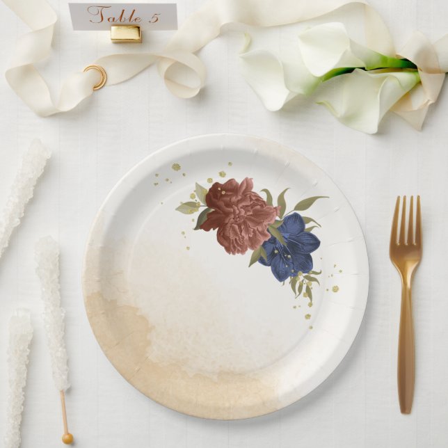 terracotta navy blue floral greenery paper plates (Wedding)