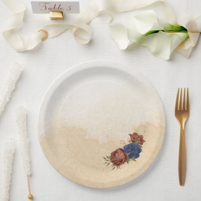 terracotta navy blue floral greenery paper plates (Wedding)