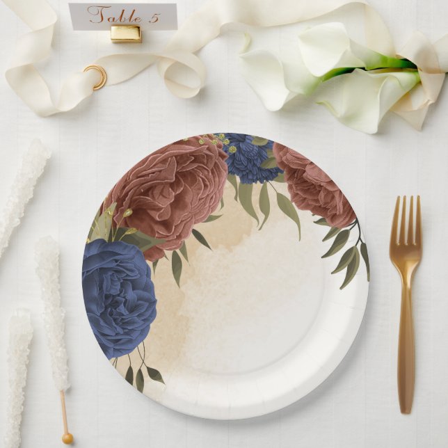 terracotta navy blue floral greenery paper plates (Wedding)