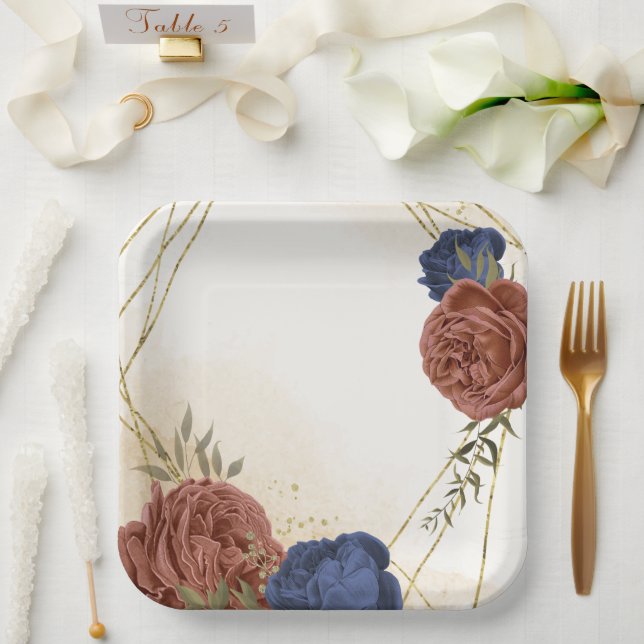 terracotta navy blue floral greenery paper plates (Wedding)