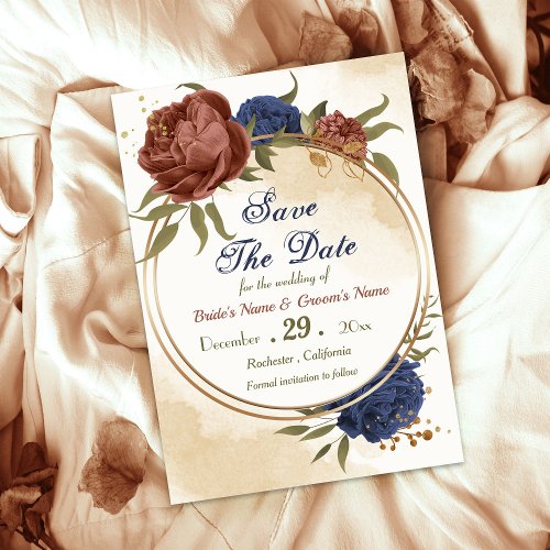 terracotta navy blue floral greenery save the date