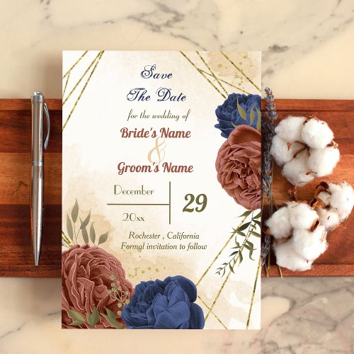 terracotta navy blue floral greenery save the date