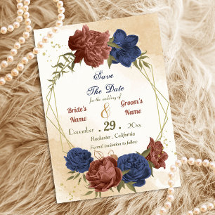 terracotta navy blue floral greenery save the date