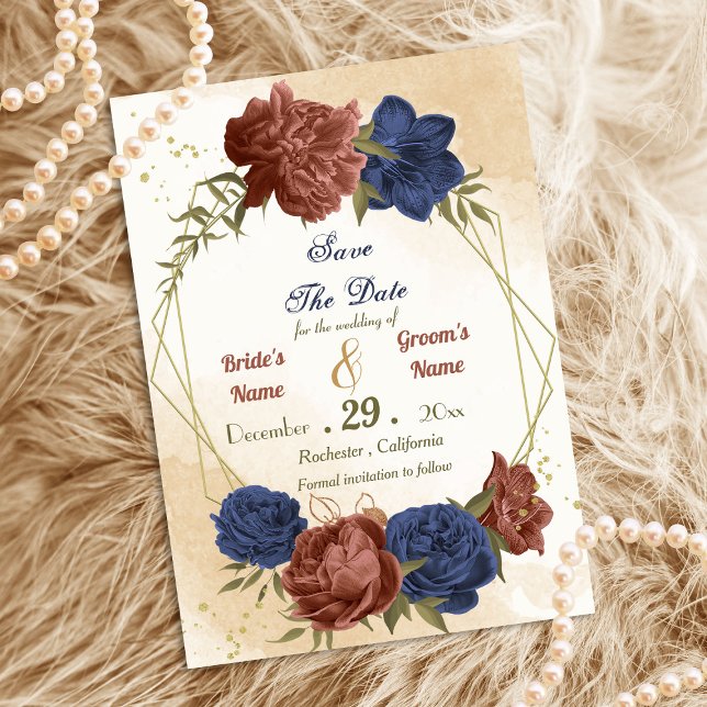 terracotta navy blue floral greenery save the date (Creator Uploaded)