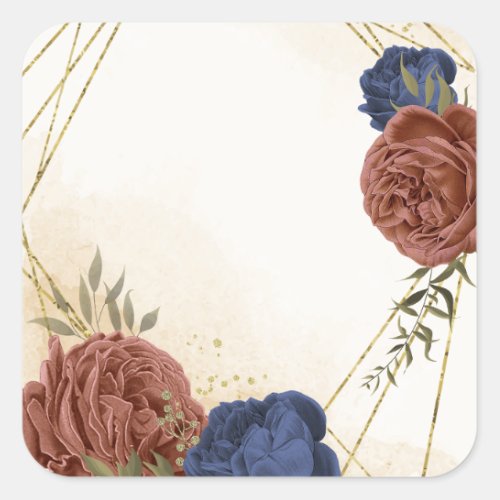 terracotta navy blue floral greenery square sticker