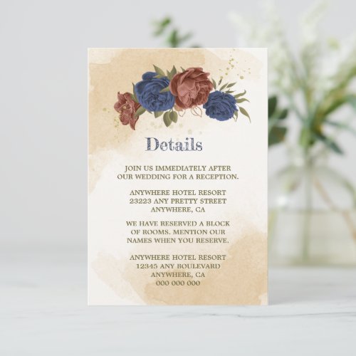 terracotta navy blue floral greenery wedding enclosure card