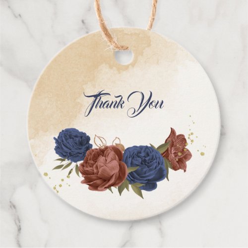 terracotta navy blue floral greenery wedding favor tags