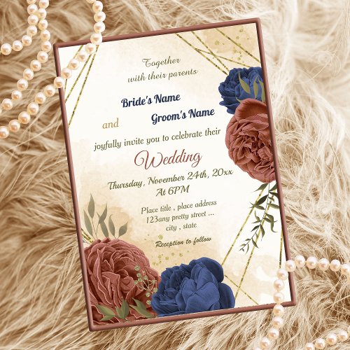 terracotta navy blue floral greenery wedding invitation