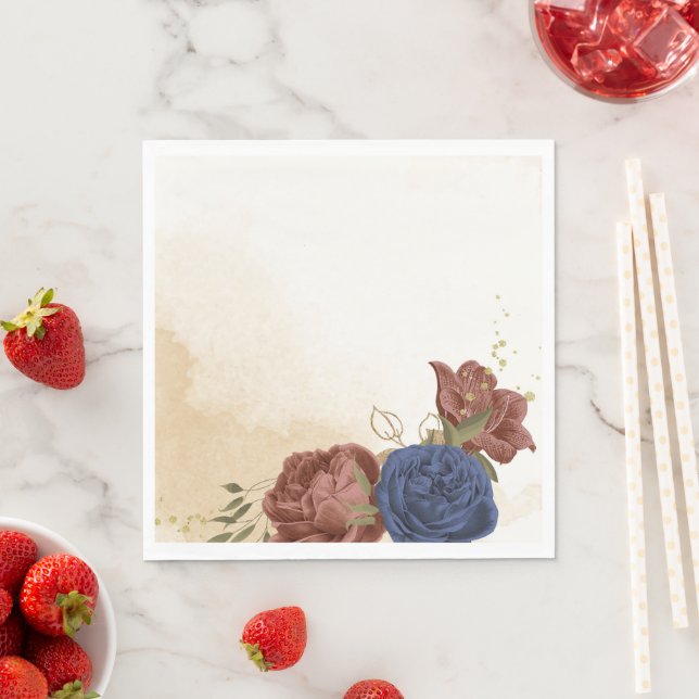 terracotta navy blue floral greenery wedding napkins (Insitu)