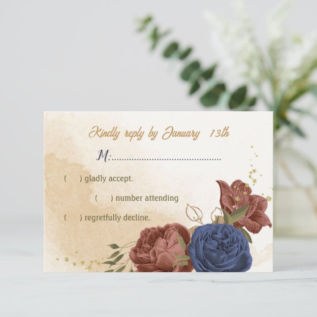 terracotta navy blue floral greenery wedding RSVP card (Standing Front)