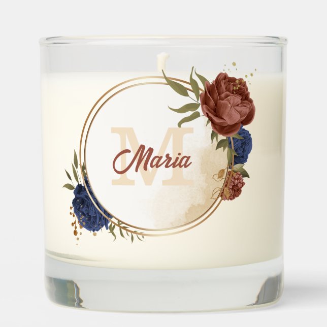 terracotta navy blue floral greenery wedding scented candle (Front)