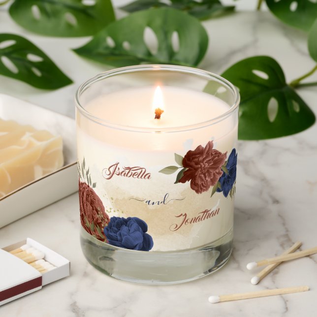 terracotta navy blue floral greenery wedding scented candle (Lit)