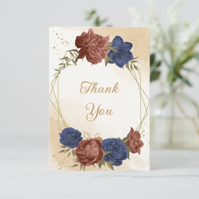 terracotta navy blue floral greenery wedding thank you card (Standing Front)