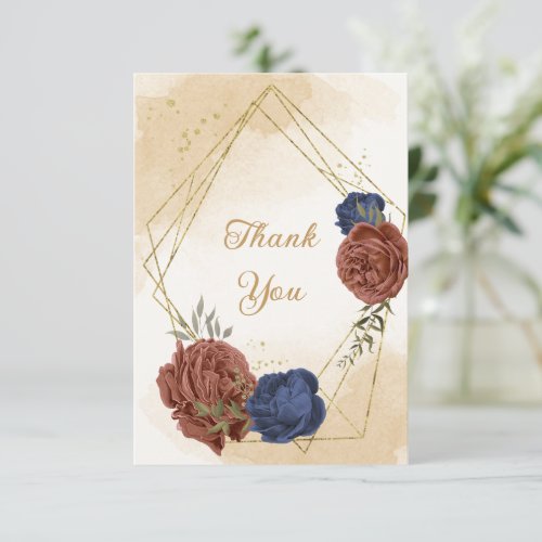 terracotta navy blue floral greenery wedding thank you card