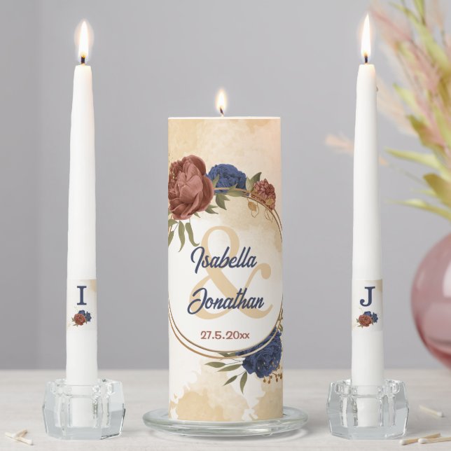 terracotta navy blue floral greenery wedding unity candle set (In Situ)