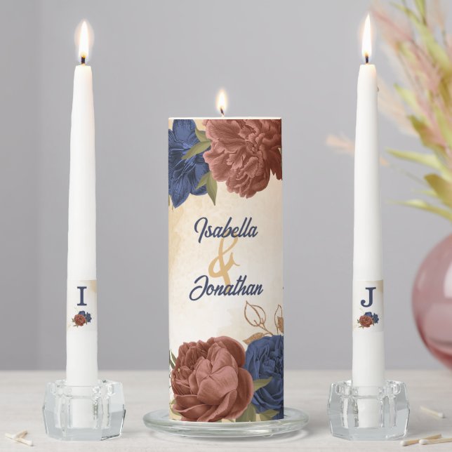 terracotta navy blue floral greenery wedding unity candle set (In Situ)