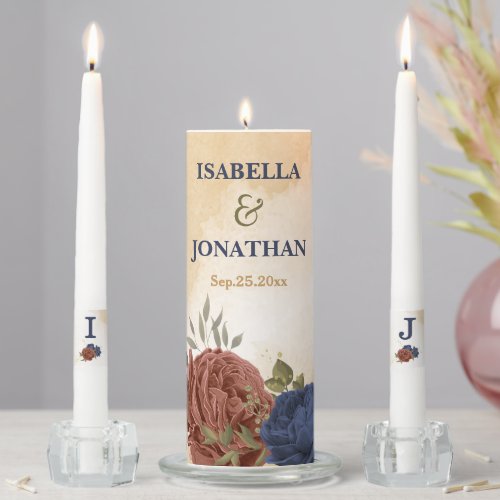 terracotta navy blue floral greenery wedding unity candle set