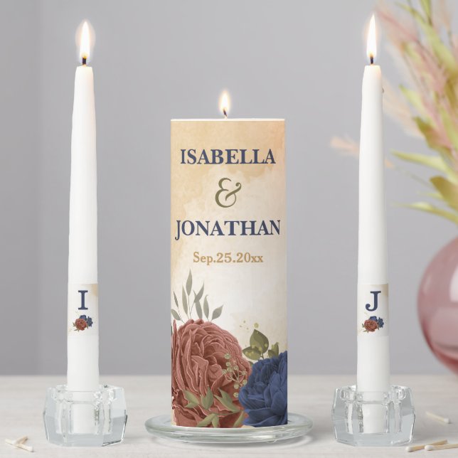 terracotta navy blue floral greenery wedding unity candle set (In Situ)