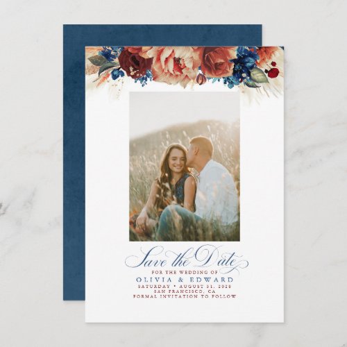 Terracotta Navy Blue Floral Save The Date Photo