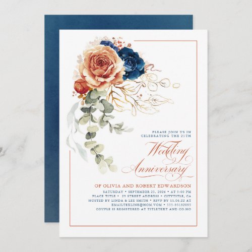 Terracotta  Navy Blue Floral Wedding Anniversary Invitation