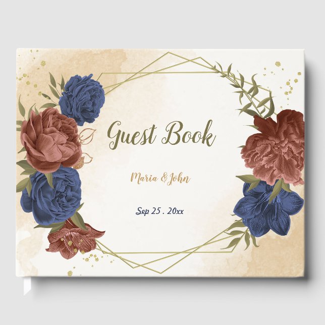 terracotta navy blue floral wedding guest book (Front)