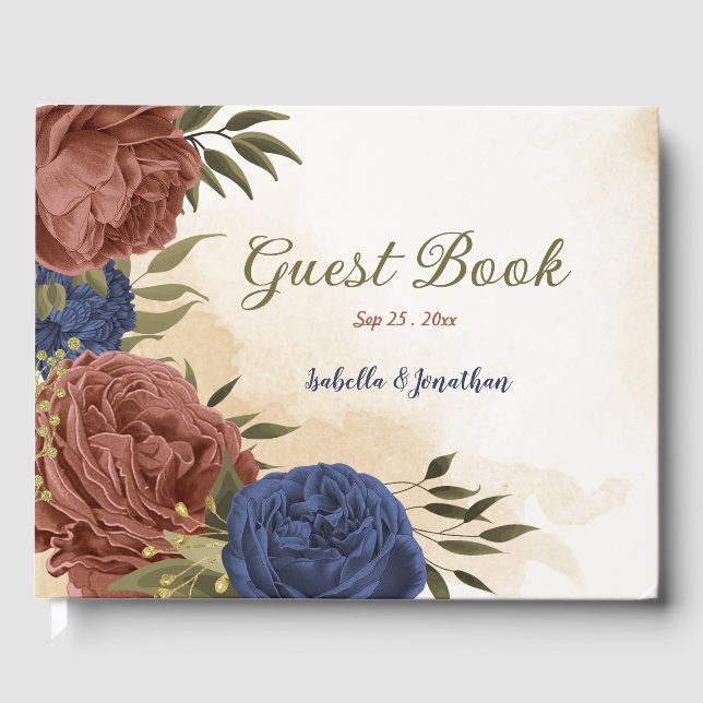 terracotta navy blue floral wedding guest book (Front)