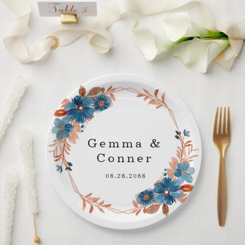 Terracotta Navy Blue Floral Wedding  Paper Plates