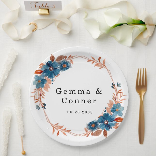 Terracotta Navy Blue Floral Wedding  Paper Plates (Wedding)