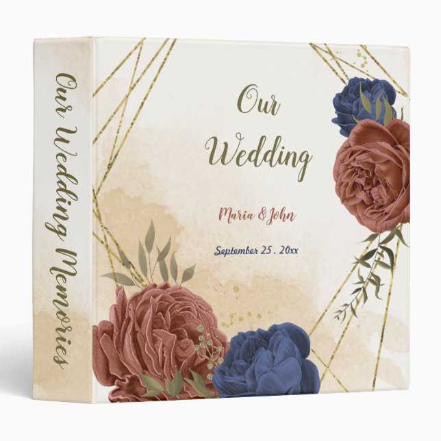terracotta navy blue floral wedding photo album  3 ring binder (Front/Spine)