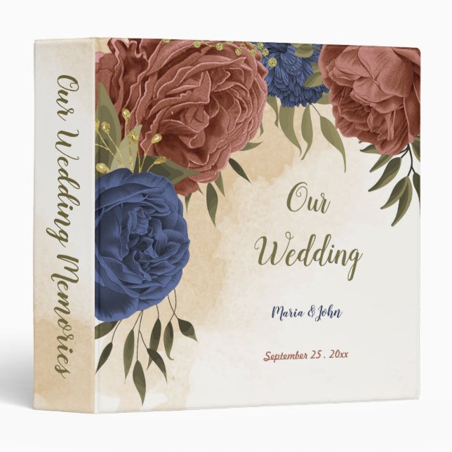 terracotta navy blue floral wedding photo album 3 ring binder (Front/Spine)