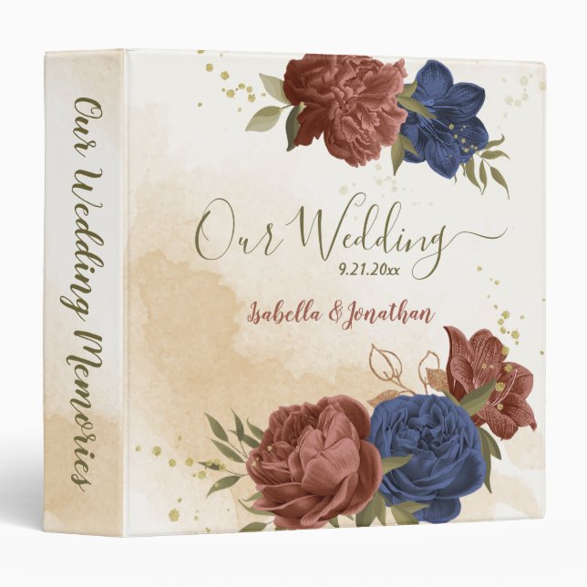 terracotta navy blue floral wedding photo album  3 ring binder (Front/Spine)