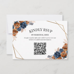 Terracotta Navy Blue Floral Wedding QR Code RSVP Card