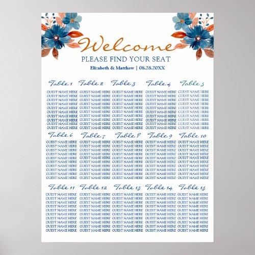 Terracotta Navy Blue Floral Wedding Seating Chart