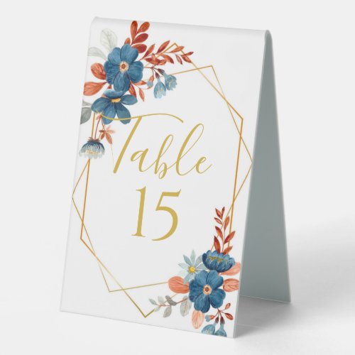 Terracotta Navy Blue Floral Wedding  Table Tent Sign