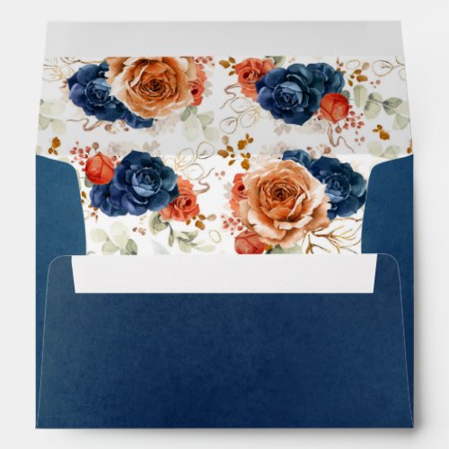 Terracotta  Navy Blue Flowers Boho Elegant Envelope