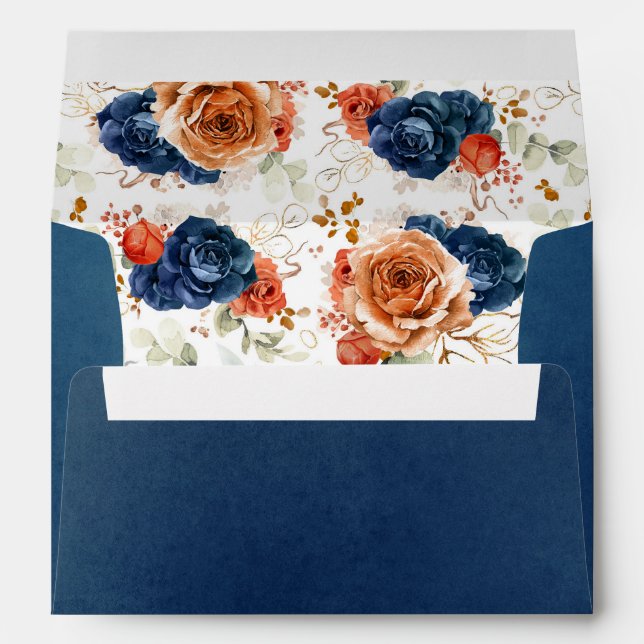 Terracotta & Navy Blue Flowers Boho Elegant Envelope (Back (Bottom))