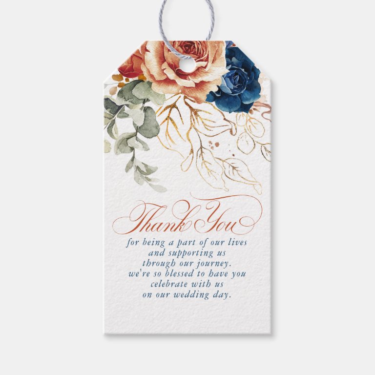 Terracotta Navy Blue Flowers Boho Thank You Gift Tags