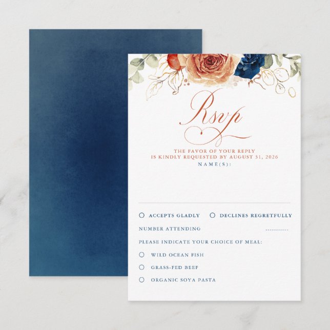 Terracotta Navy Blue Flowers Wedding RSVP (Front/Back)