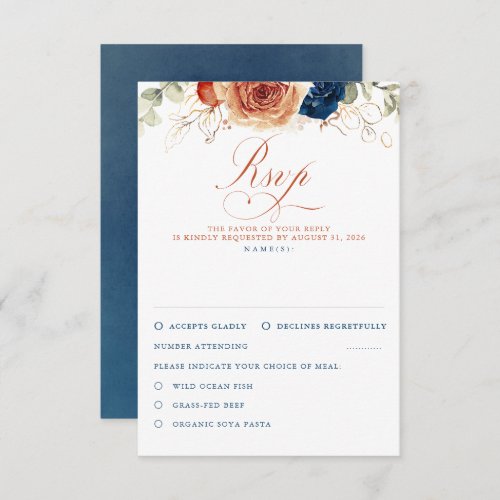 Terracotta Navy Blue Flowers Wedding RSVP