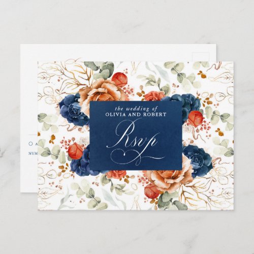 Terracotta Navy Blue Flowers Wedding RSVP Postcard