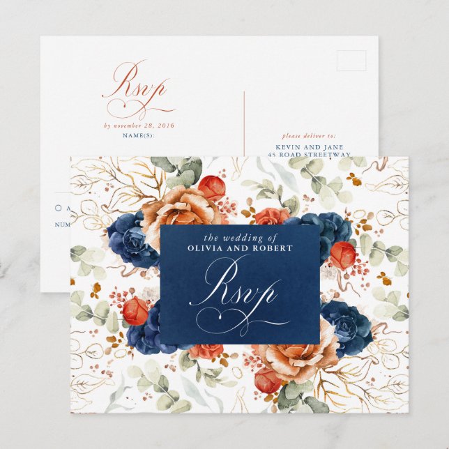 Terracotta Navy Blue Flowers Wedding RSVP Postcard (Front/Back)